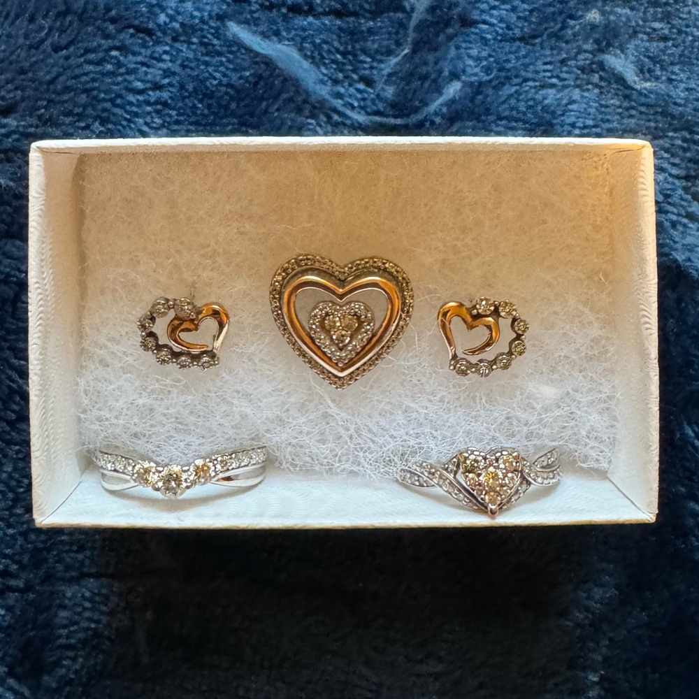 Womens heart diamond engagement ring with wedding band, earrings and charm